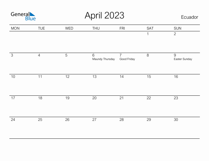 Printable April 2023 Calendar for Ecuador