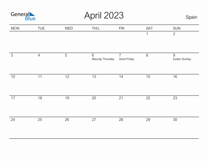 Printable April 2023 Calendar for Spain