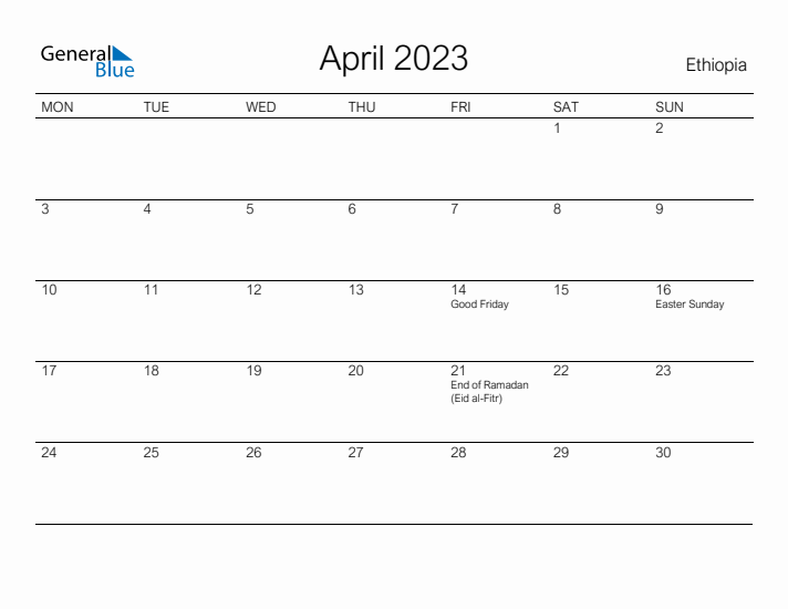 Printable April 2023 Calendar for Ethiopia