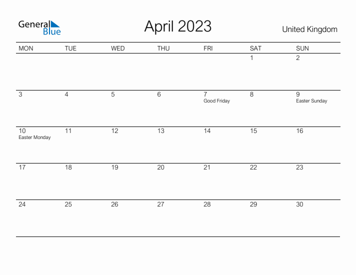 Printable April 2023 Calendar for United Kingdom