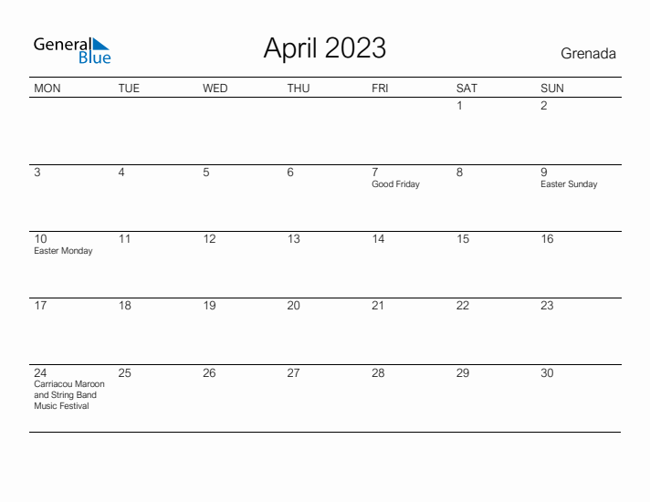 Printable April 2023 Calendar for Grenada