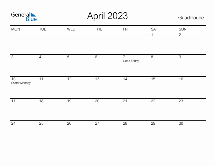 Printable April 2023 Calendar for Guadeloupe