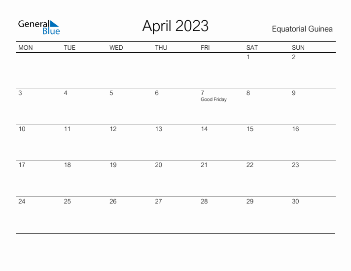 Printable April 2023 Calendar for Equatorial Guinea