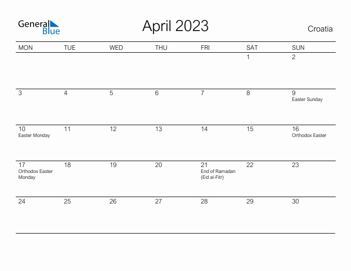 Printable April 2023 Calendar for Croatia