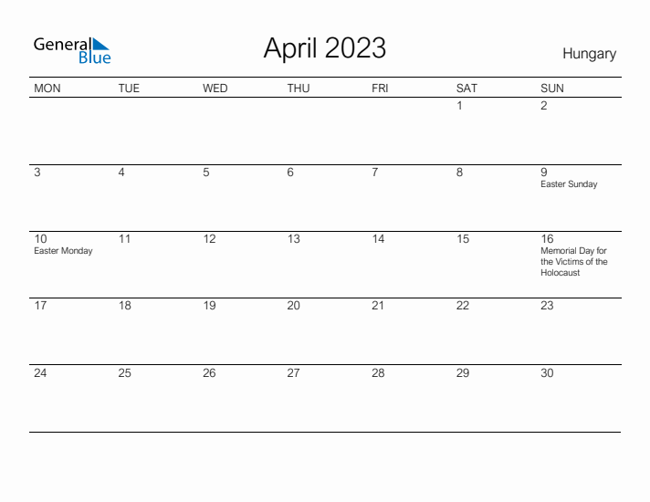 Printable April 2023 Calendar for Hungary