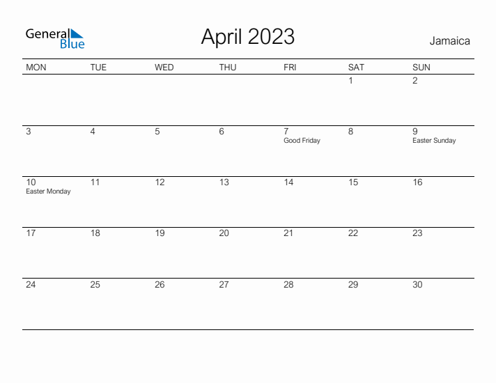 Printable April 2023 Calendar for Jamaica