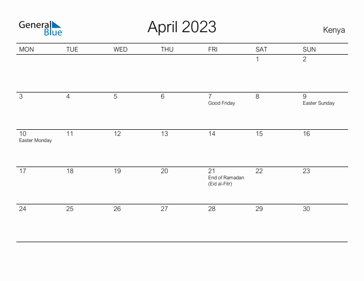 Printable April 2023 Calendar for Kenya