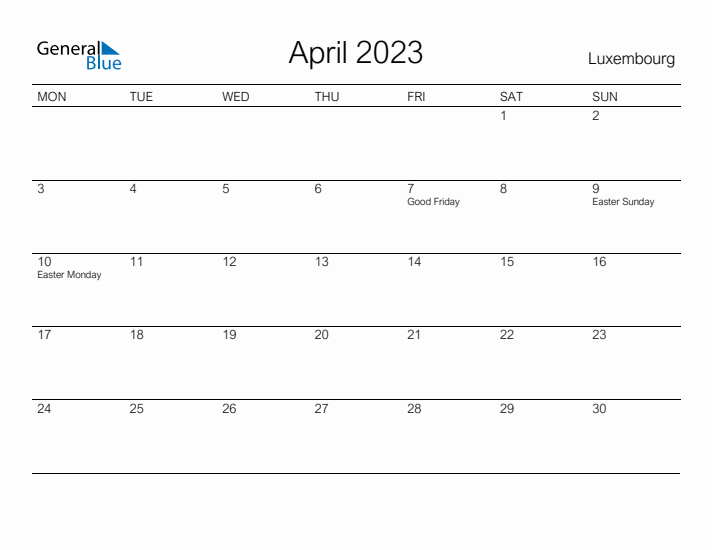 Printable April 2023 Calendar for Luxembourg