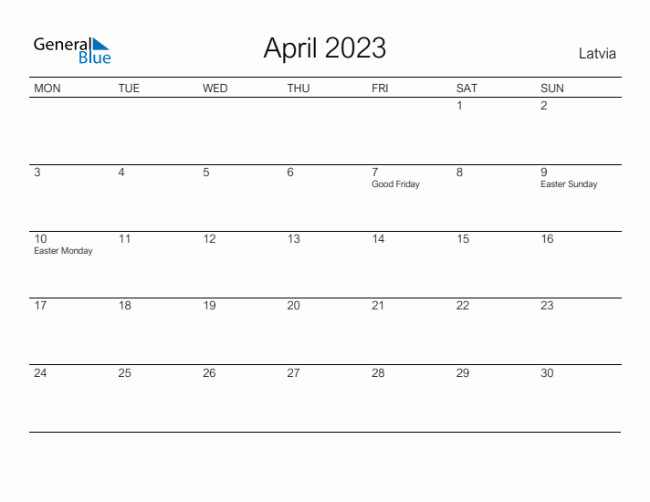 Printable April 2023 Calendar for Latvia