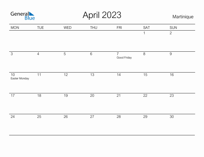 Printable April 2023 Calendar for Martinique