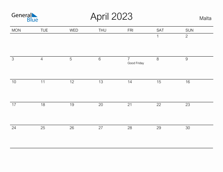 Printable April 2023 Calendar for Malta