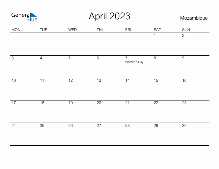 Printable April 2023 Calendar for Mozambique