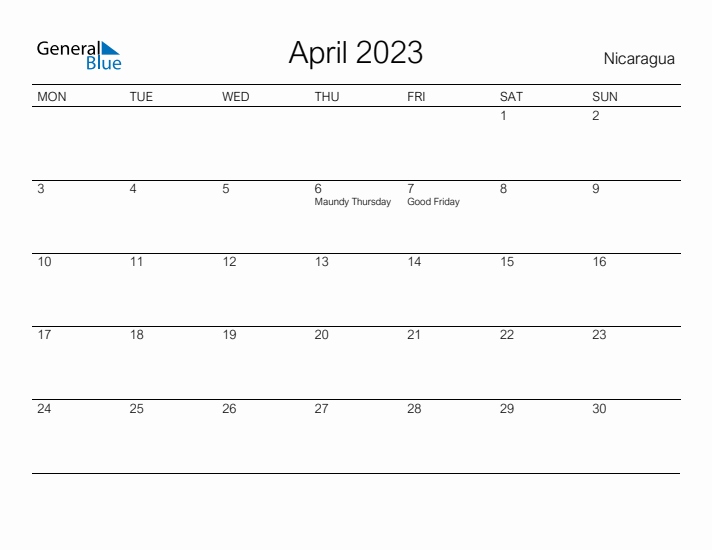 Printable April 2023 Calendar for Nicaragua
