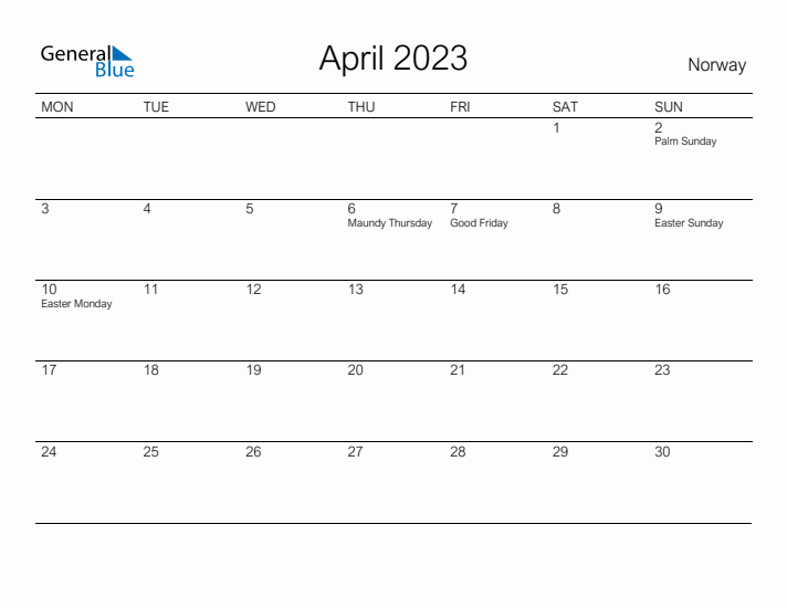 Printable April 2023 Calendar for Norway