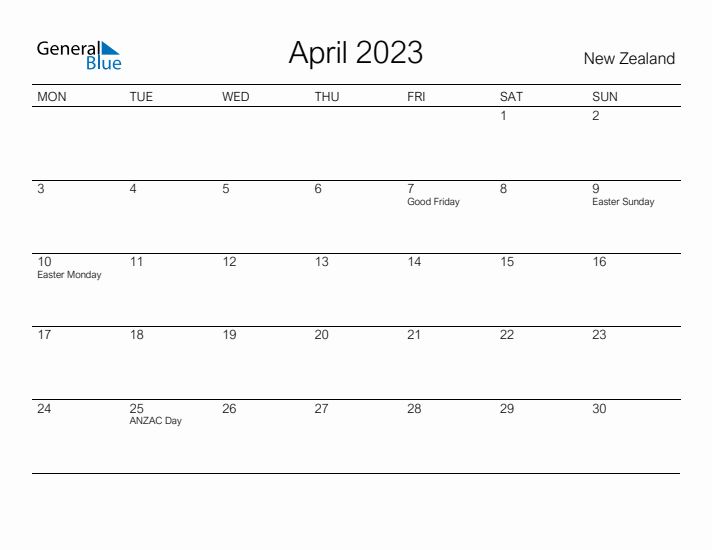 Printable April 2023 Calendar for New Zealand