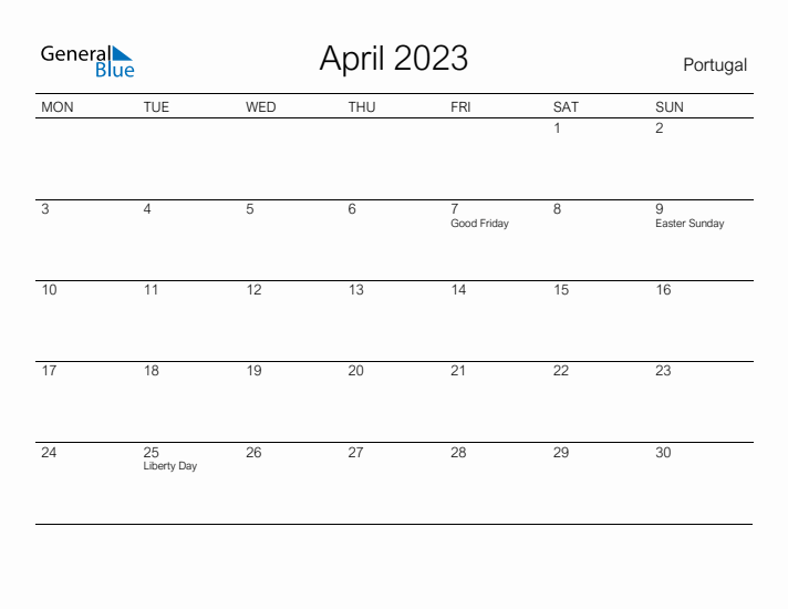 Printable April 2023 Calendar for Portugal