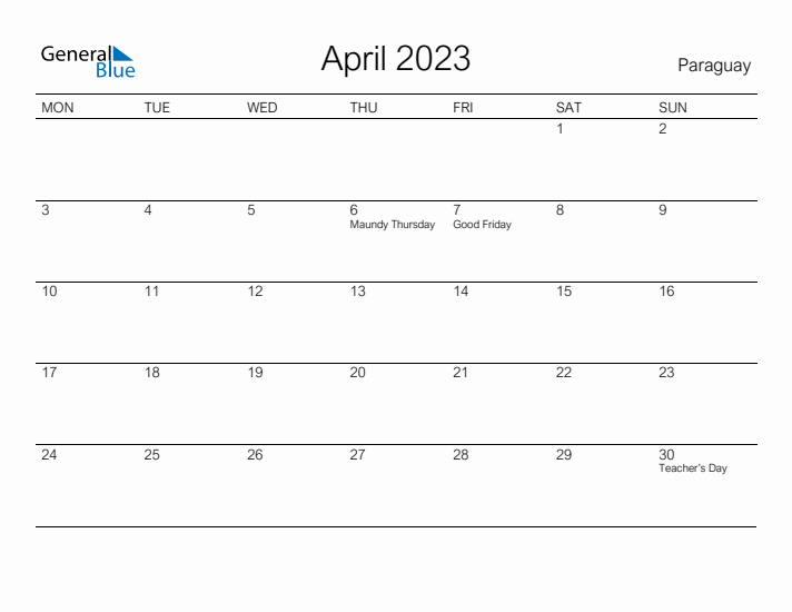 Printable April 2023 Calendar for Paraguay