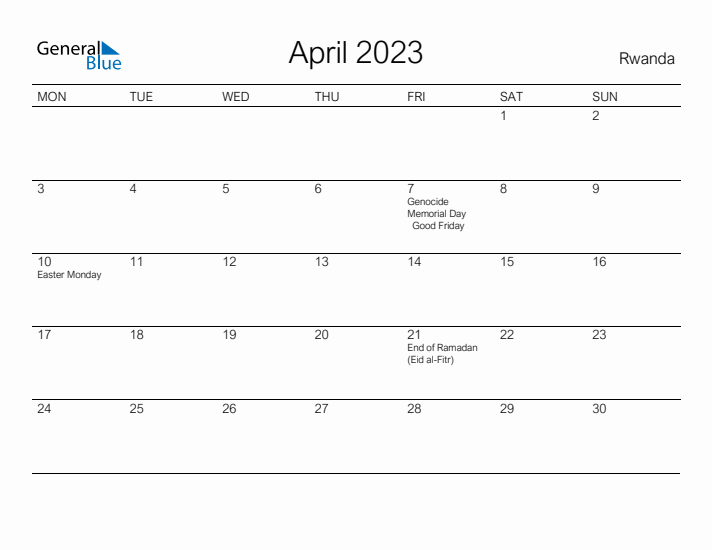 Printable April 2023 Calendar for Rwanda