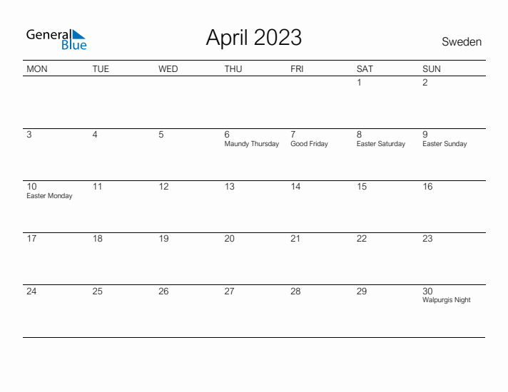 Printable April 2023 Calendar for Sweden