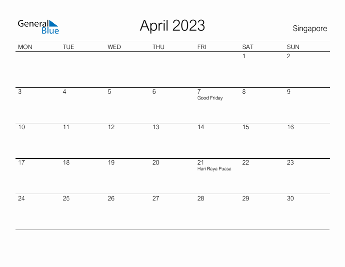 Printable April 2023 Calendar for Singapore