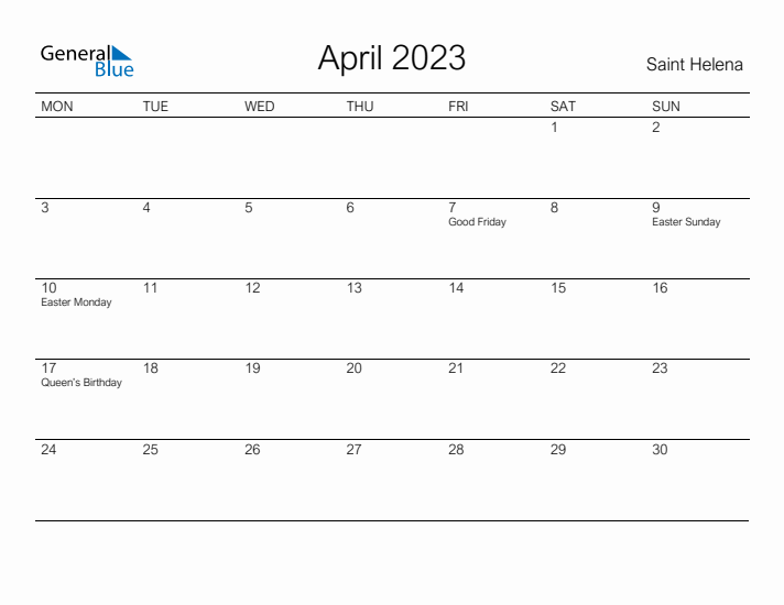 Printable April 2023 Calendar for Saint Helena