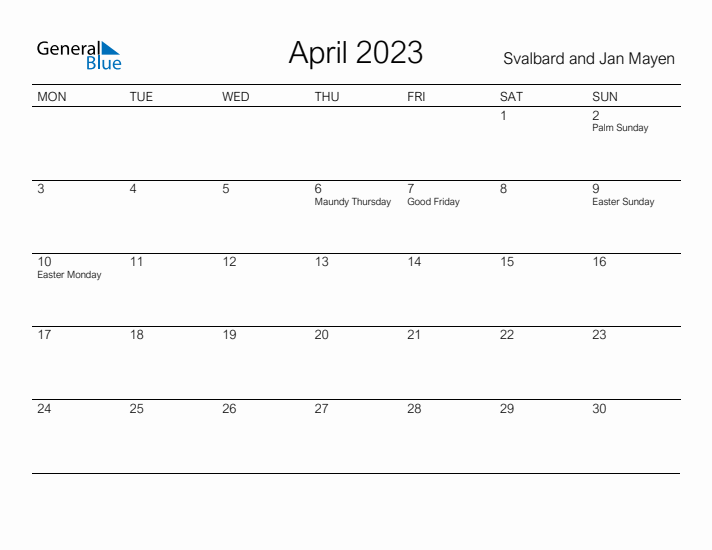 Printable April 2023 Calendar for Svalbard and Jan Mayen