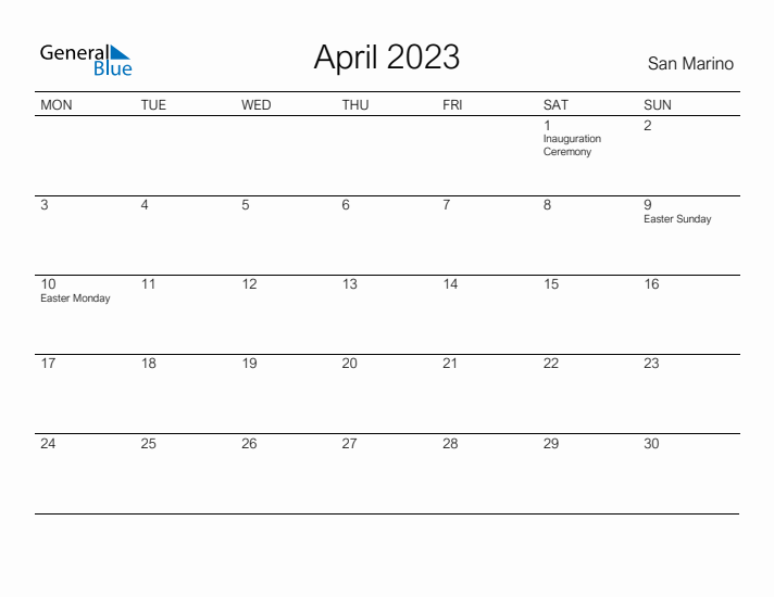 Printable April 2023 Calendar for San Marino