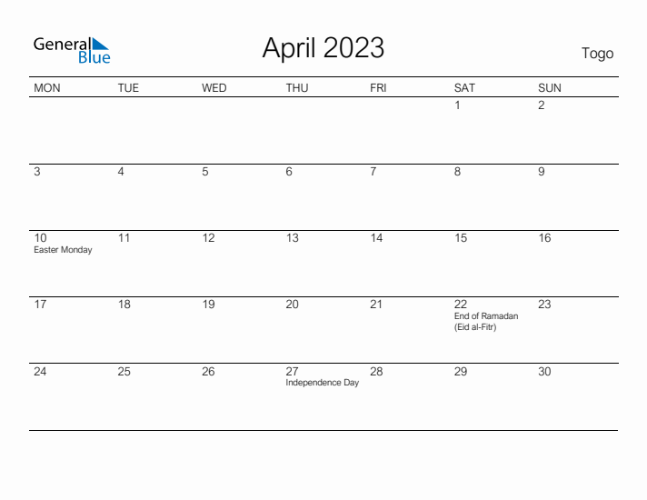 Printable April 2023 Calendar for Togo