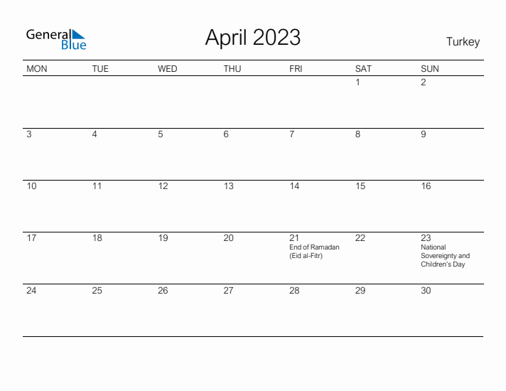 Printable April 2023 Calendar for Turkey