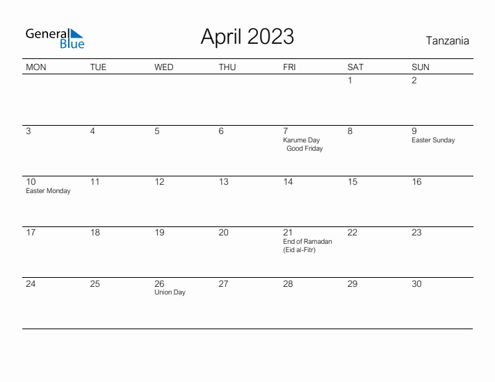 Printable April 2023 Calendar for Tanzania