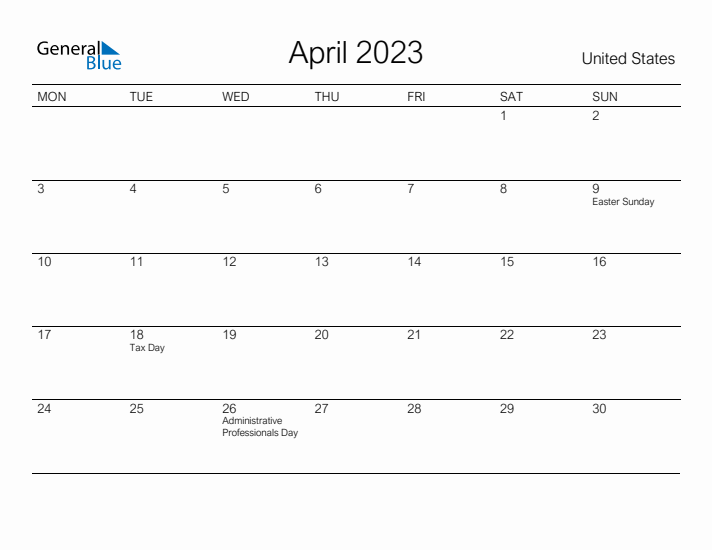 Printable April 2023 Calendar for United States