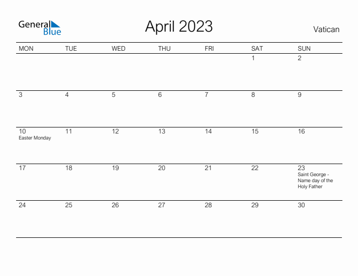 Printable April 2023 Calendar for Vatican