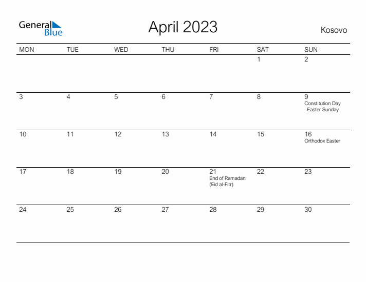 Printable April 2023 Calendar for Kosovo