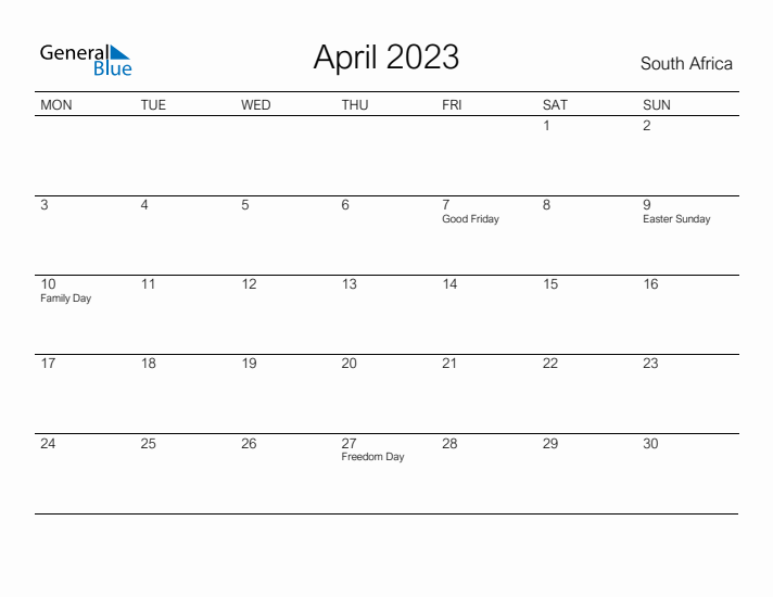 Printable April 2023 Calendar for South Africa