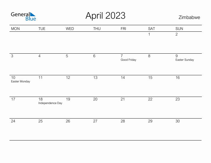 Printable April 2023 Calendar for Zimbabwe