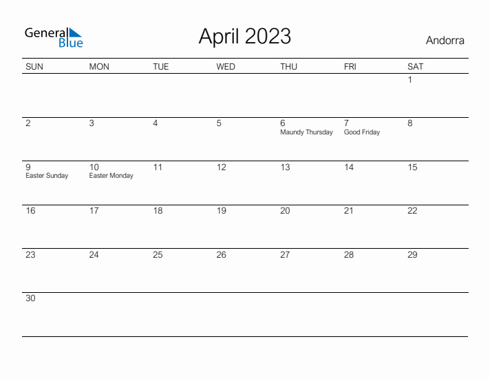 Printable April 2023 Calendar for Andorra