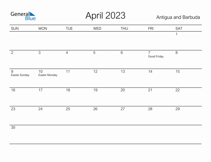 Printable April 2023 Calendar for Antigua and Barbuda