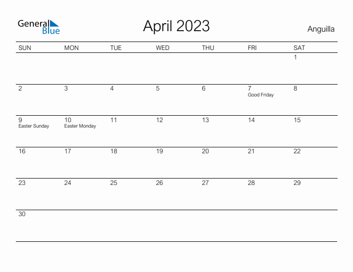 Printable April 2023 Calendar for Anguilla