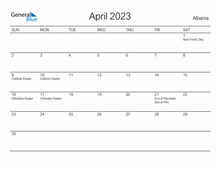 Printable April 2023 Calendar for Albania