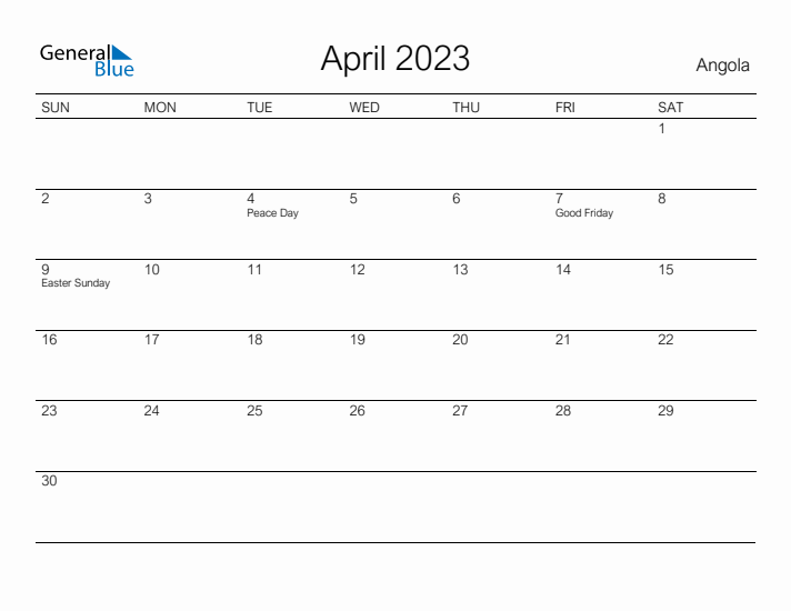 Printable April 2023 Calendar for Angola