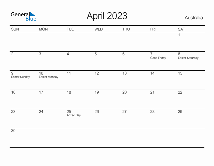 Printable April 2023 Calendar for Australia