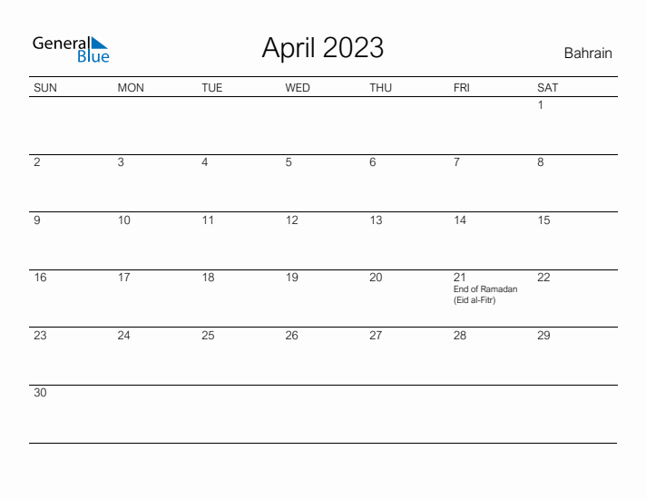 Printable April 2023 Calendar for Bahrain