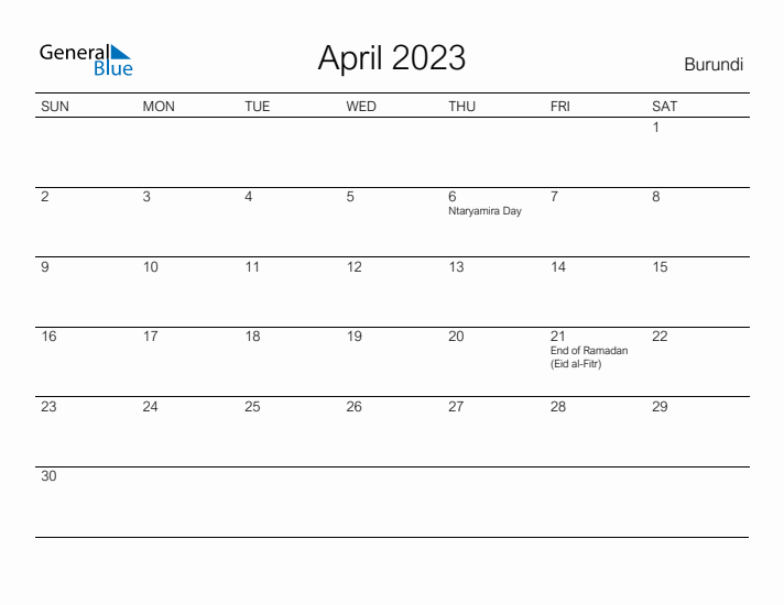 Printable April 2023 Calendar for Burundi