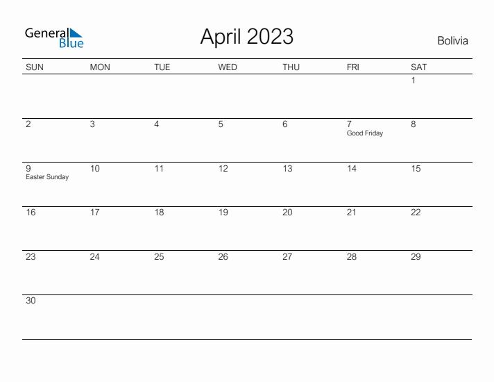 Printable April 2023 Calendar for Bolivia
