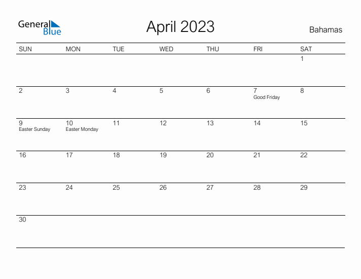 Printable April 2023 Calendar for Bahamas