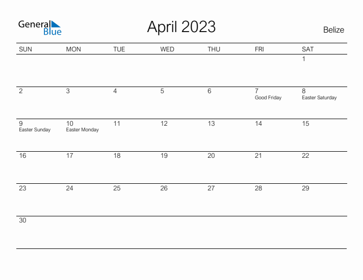 Printable April 2023 Calendar for Belize