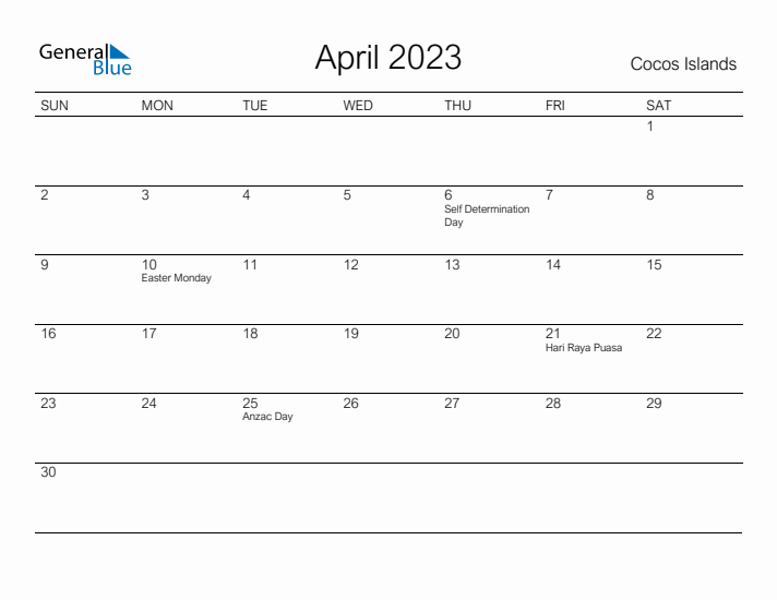 Printable April 2023 Calendar for Cocos Islands