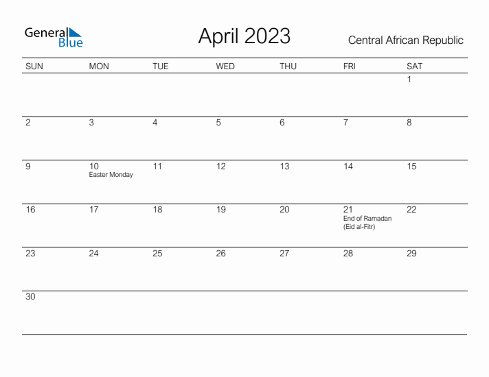 Printable April 2023 Calendar for Central African Republic