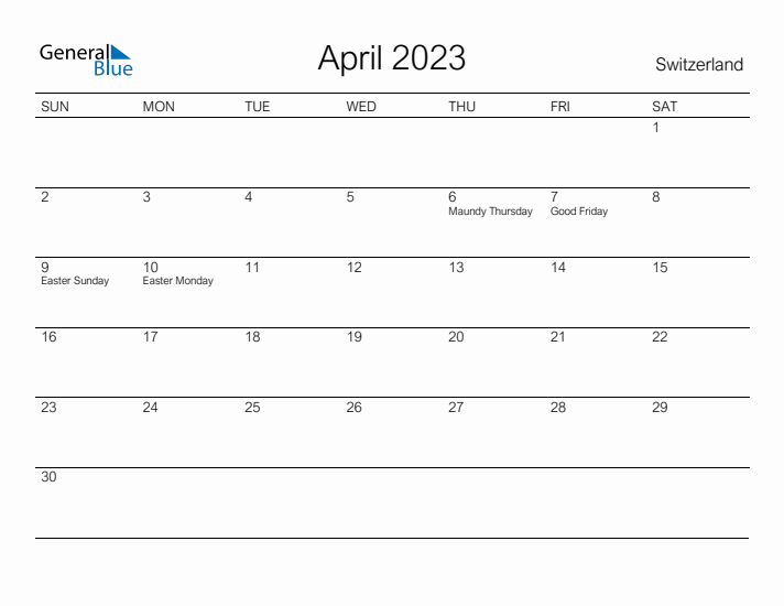 Printable April 2023 Calendar for Switzerland
