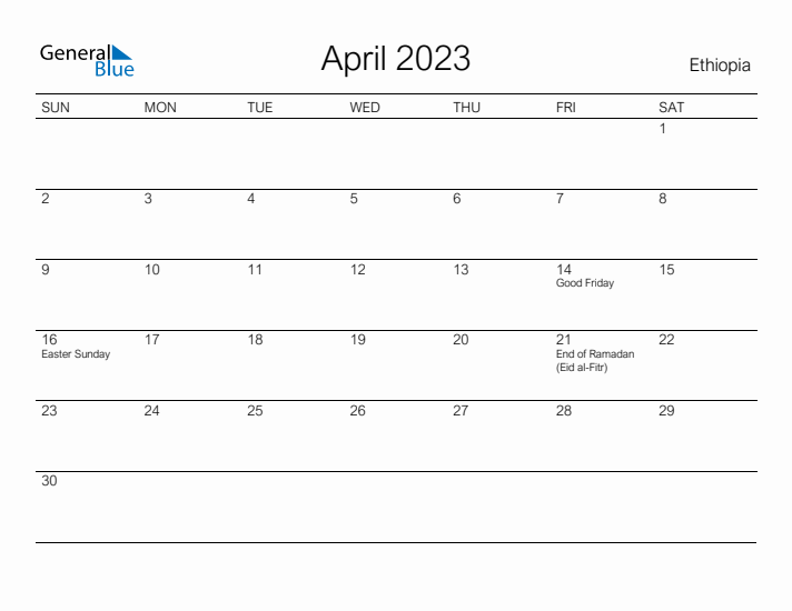 Printable April 2023 Calendar for Ethiopia